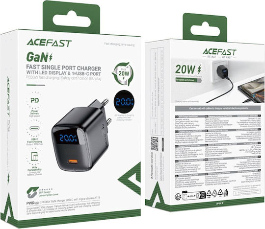Acefast Φορτιστής GaN με Θύρα USB-C και Καλώδιο USB-C - USB-C Μαύρος (A113)