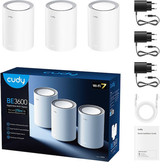 Cudy M3600 v1 WiFi Mesh Network Access Point Wi‑Fi 7 Dual Band (2.4 & 5GHz) σε Τριπλό Kit