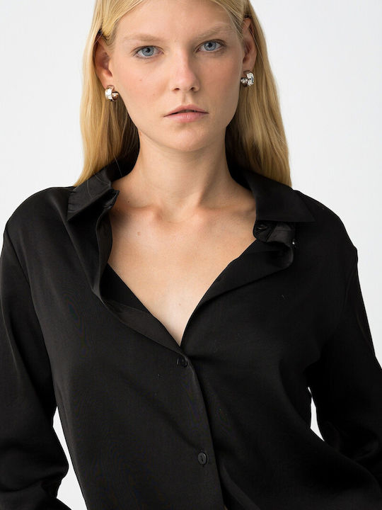 Women's Satin Long Sleeve Shirt Black