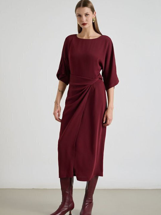 Midi Shirt Dress with 3/4 Sleeve Satin Wrap Burgundy
