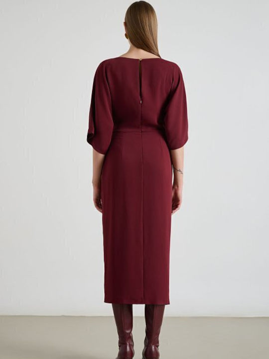 Midi Shirt Dress with 3/4 Sleeve Satin Wrap Burgundy