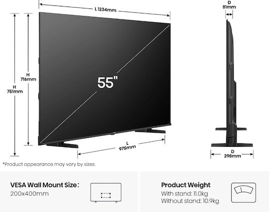 Hisense Smart Τηλεόραση 55" 4K UHD QLED E7Q HDR (2025) 55E7Q