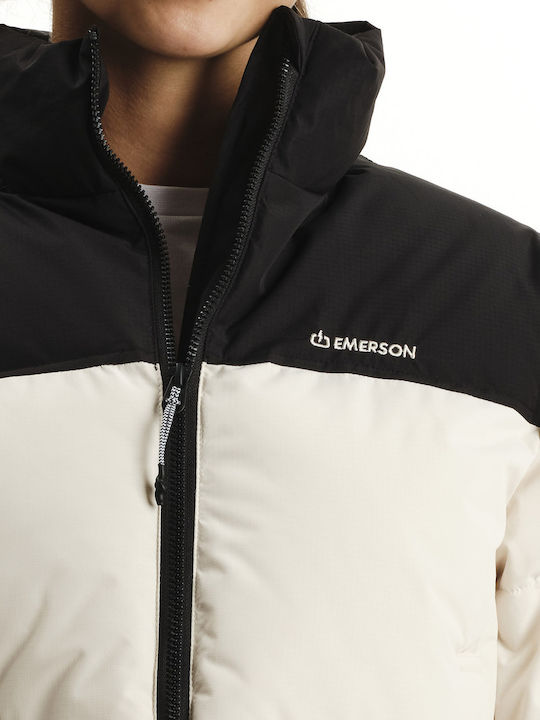 Γυναικείο Puffer Μπουφάν Αδιάβροχο για Χειμώνα Cream/black