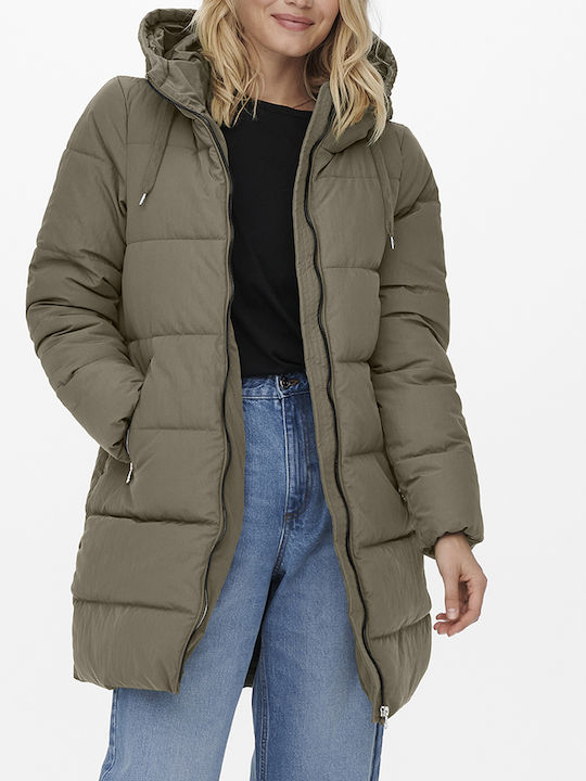 Only Lang Damen Puffer Jacke für Winter Stone Gray Khaki 15205369