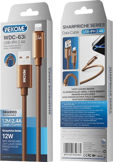 WK Wdc-63i Braided USB-A to Lightning Cable 12W Καφέ 1.2m