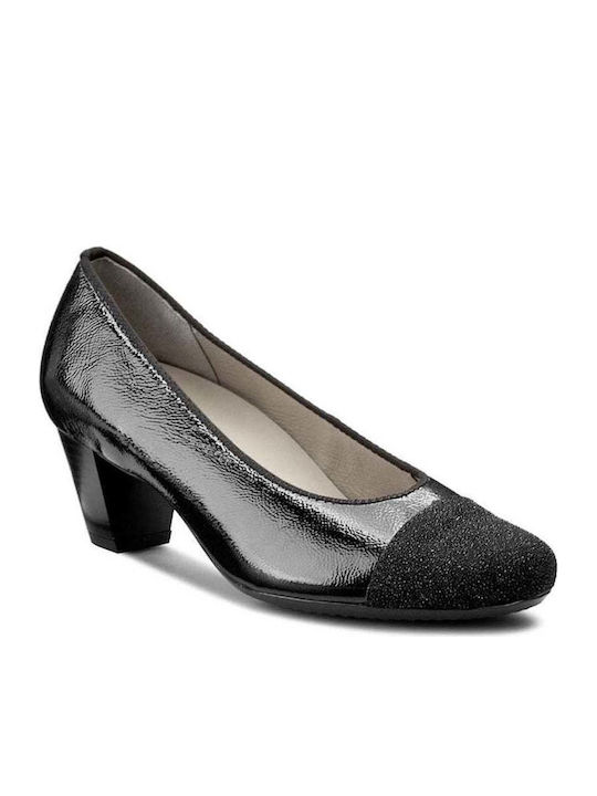 12-42022 Black Leder Pumps mit Chunky mittelhohem Absatz Schwarz