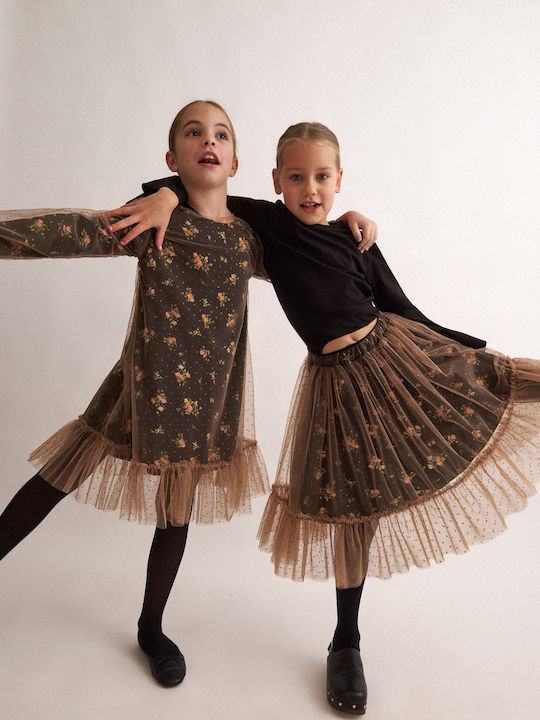 Children's Dress Long Sleeve Tulle Floral Black, Camel