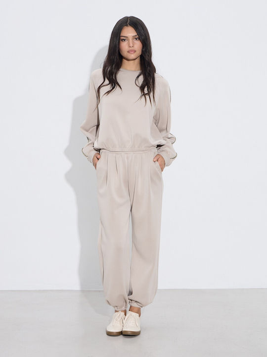 Women's High-waisted Fabric Trousers with Elastic Beige