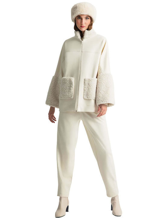 Damen Hoch tailliert Stoff Hose Ecru