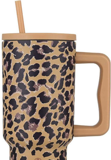 Estia Straw Tumbler XL Save the Aegean Recyclable Handled Tumbler Thermos Stainless Steel BPA Free 900ml Spotted Prowl with Straw and Handle
