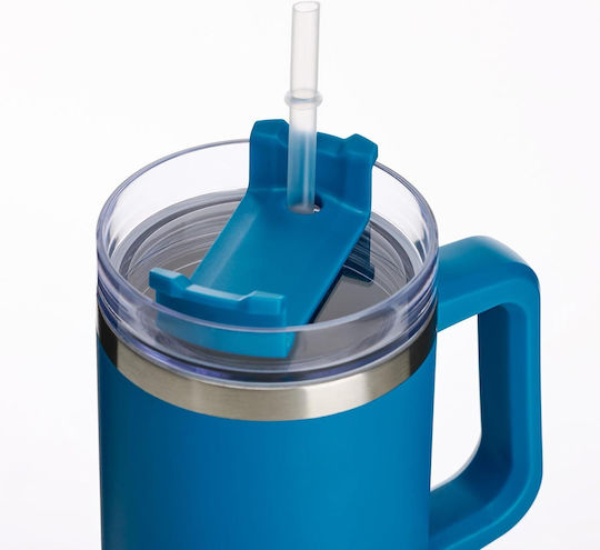 Muitomas Handled Tumbler Plastic Thermos Bottle 900ml Blue with Straw and Handle