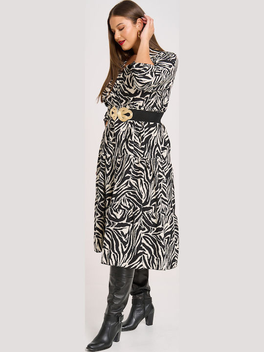 Midi Σεμιζιέ Φόρεμα με Βολάν Zebra Print
