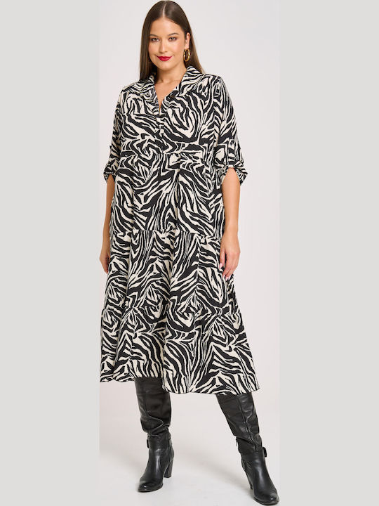 Midi Σεμιζιέ Φόρεμα με Βολάν Zebra Print