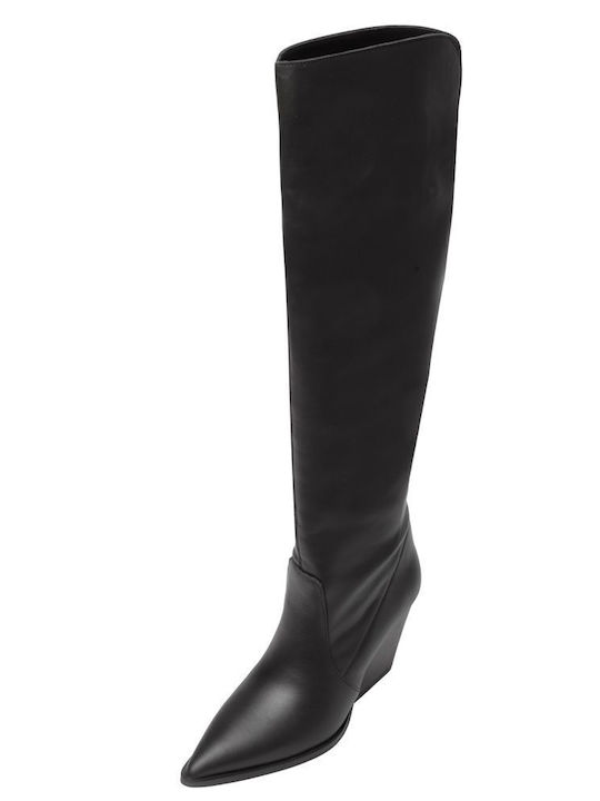 Leather Over the Knee High Heel Women's Boots Black