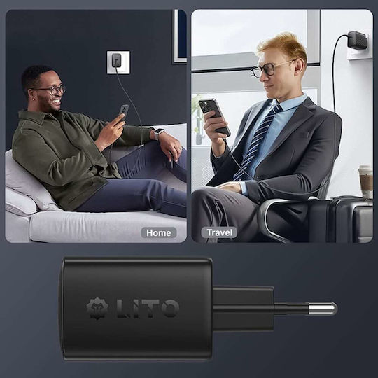 Lito Ladegerät mit integriertem Kabel GaN mit 2 USB-C Anschlüsse 45W Stromlieferung Schwarzs (LC22T)