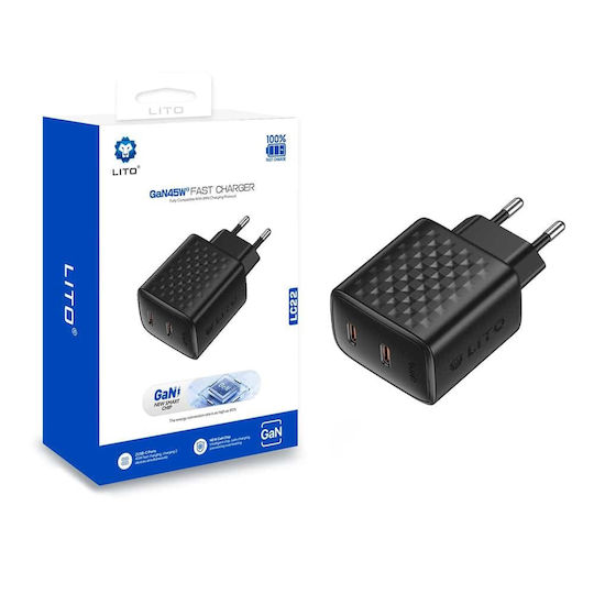 Lito Charger Without Cable GaN with 2 USB-C Ports 45W Power Delivery Blacks (LC22)
