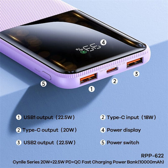 Remax RPP-622 Power Bank 10000mAh mit 2 USB-A Anschlüssen und USB-C Anschluss Stromlieferung Lila