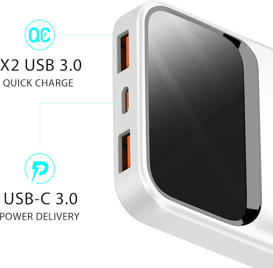 BWOO Ultra Thin Power Bank 10000mAh 22.5W με 2 Θύρες USB-A και Θύρα USB-C Power Delivery / Quick Charge 3.0 Λευκό