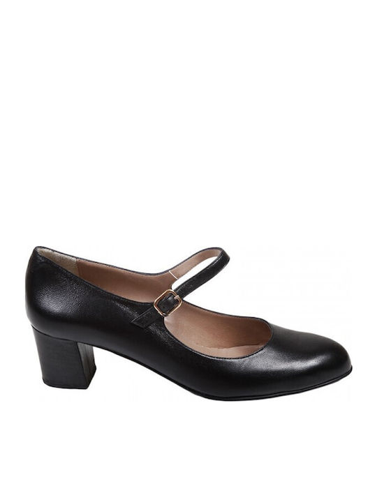Leather Black Medium Heels with Strap
