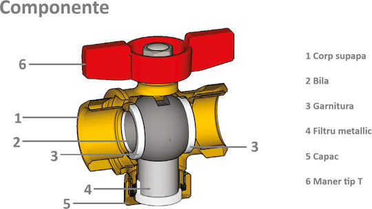 Valvă Giacomini R701fy023 cu filet femelă 1/2” X filet femelă 1/2” filtru integrat maner fluture din alamă roșu