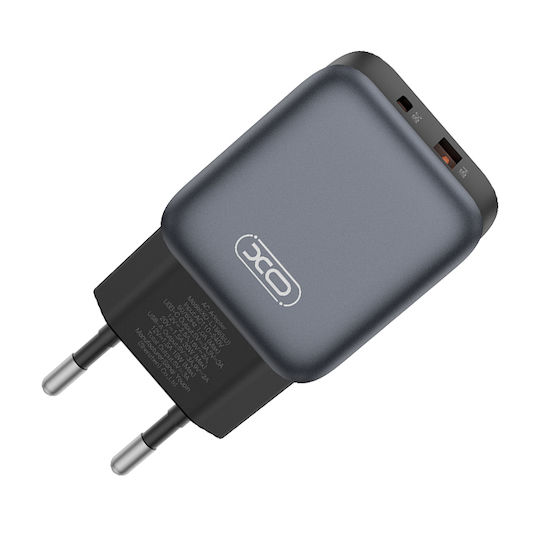 XO GaN с USB-A порт и USB-C порт и кабел USB-C - Lightning 30W Quick Charge 2.0 / Quick Charge 3.0 Черен (L156)