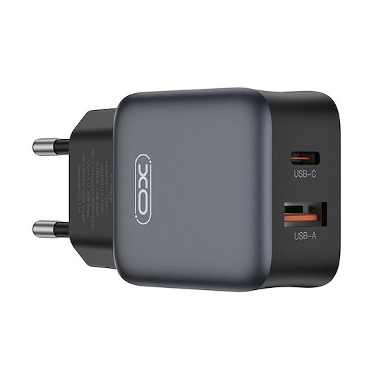 XO GaN с USB-A порт и USB-C порт и кабел USB-C - Lightning 30W Quick Charge 2.0 / Quick Charge 3.0 Черен (L156)