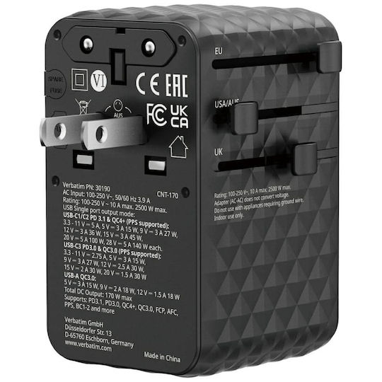 Verbatim Charger Without Cable GaN with USB-A Port and 3 USB-C Ports 170W Power Delivery Black (Charge 'n' Travel)