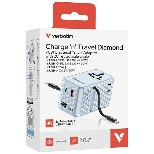 Verbatim Charger GaN with USB-A Port and USB-C Port and Cable USB-C 70W Power Delivery / Quick Charge 4+ Blue (Charge 'n' Travel)
