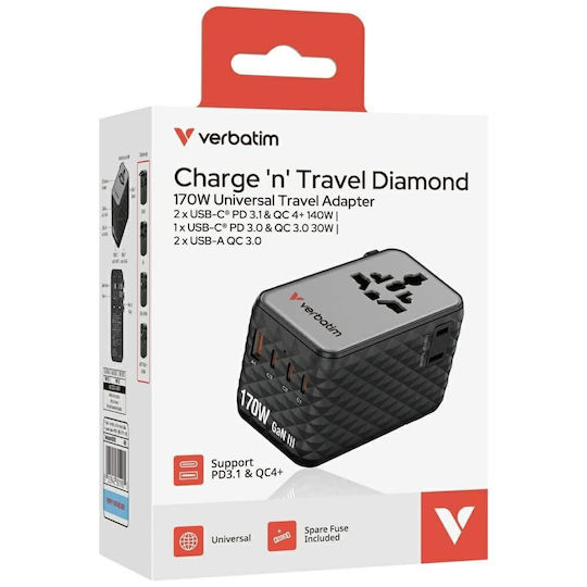 Verbatim Charger Without Cable GaN with USB-A Port and 3 USB-C Ports 170W Power Delivery Black (Charge 'n' Travel)