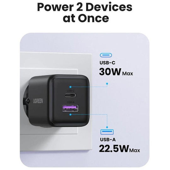 Ugreen Charger Without Cable GaN with USB-A Port and USB-C Port 30W Power Delivery Whites (X516)