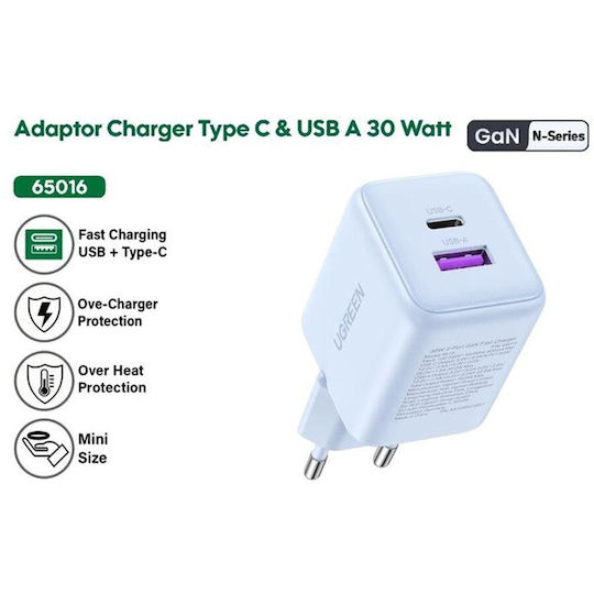 Ugreen Φορτιστής Χωρίς Καλώδιο GaN με Θύρα USB-A και Θύρα USB-C 30W Power Delivery Μαύρος (X516)