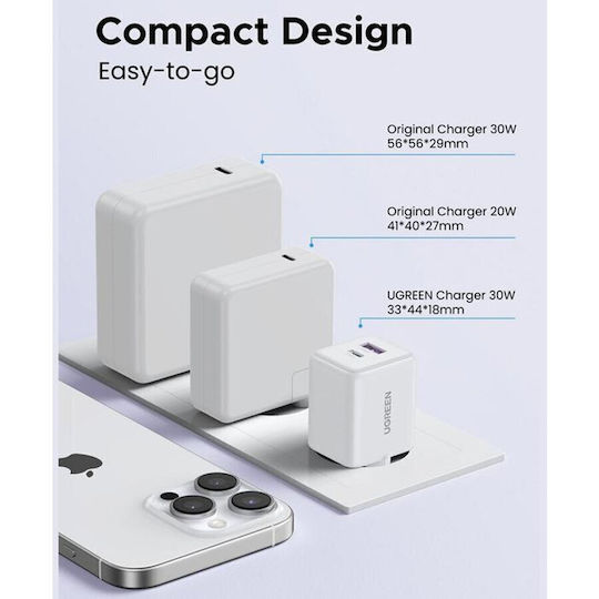 Ugreen Φορτιστής Χωρίς Καλώδιο GaN με Θύρα USB-A και Θύρα USB-C 30W Power Delivery Μαύρος (X516)