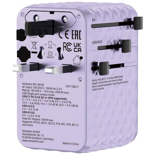 Verbatim Φορτιστής GaN με 2 Θύρες USB-A και 2 Θύρες USB-C και Καλώδιο USB-C 100W Power Delivery / Quick Charge 4+ Μωβ (Charge 'n' Travel)