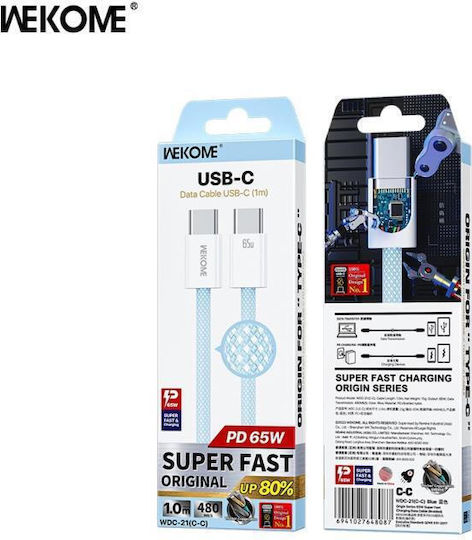 WK USB 2.0 Cable USB-C Male - USB-C 65W PD Blue 1m