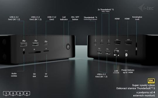 i-tec Thunderbolt 5 Docking Station with HDMI 4K PD Ethernet and Support for 4 Monitors Black (TB5QUATTRODOCKPD)