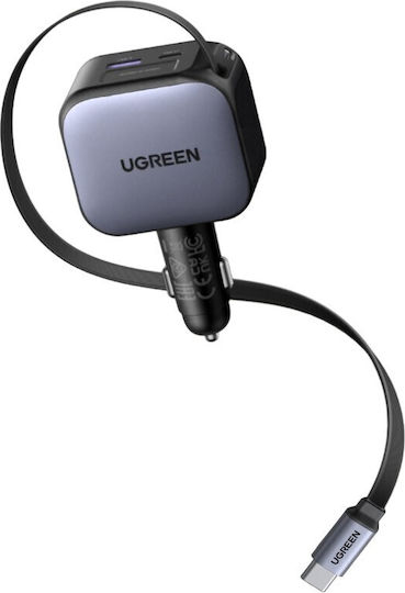 Ugreen Auto-Ladegerät 90W 3A Schnellladung mit Anschlüssen: 1xUSB 1xType-C mit Kabel Eingebettet Gray Farbe