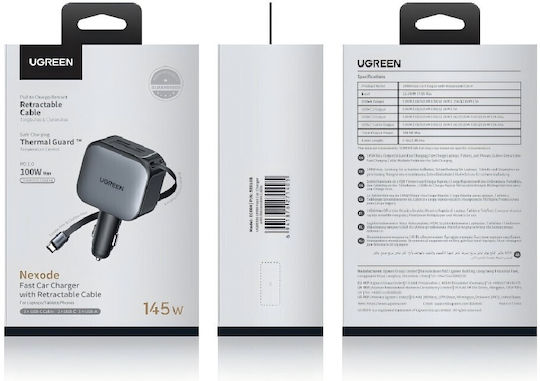 Ugreen Car Charger 145W 3A Fast Charging with Ports: 1xUSB 1xType-C with Cable Embedded Gray Color