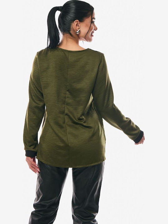 Women's Blouse Satin Long Sleeve with V Neckline Khaki