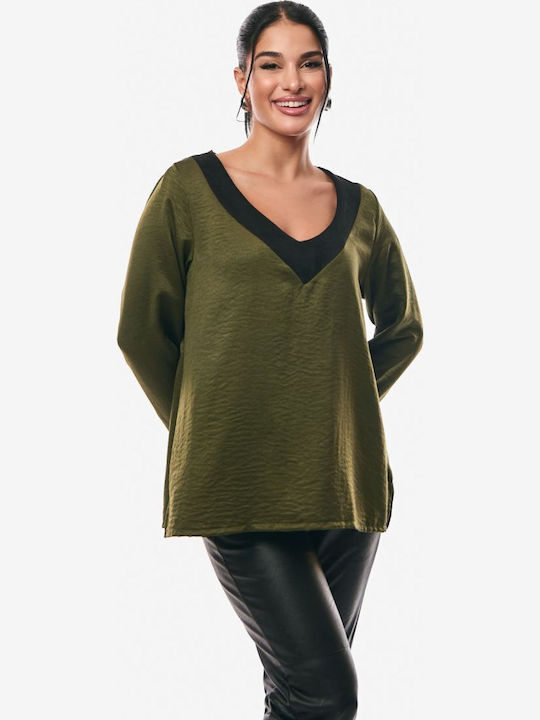 Women's Blouse Satin Long Sleeve with V Neckline Khaki