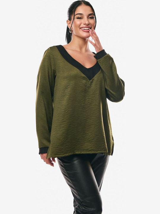 Women's Blouse Satin Long Sleeve with V Neckline Khaki