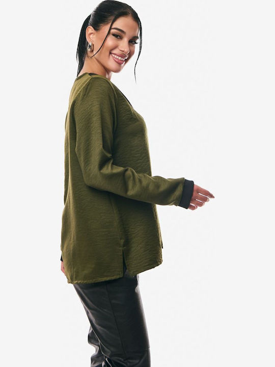 Women's Blouse Satin Long Sleeve with V Neckline Khaki