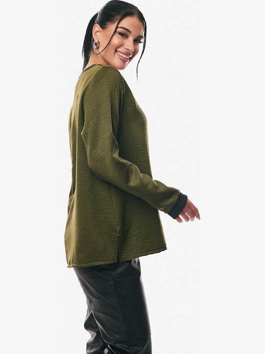 Women's Blouse Satin Long Sleeve with V Neckline Khaki