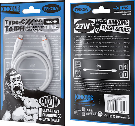 WK USB-C to Lightning Cable 27W Λευκό 1m 250916