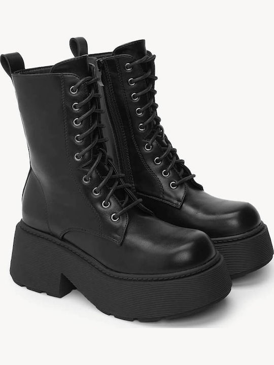 Black Combat Boots With Laces Thick Sole