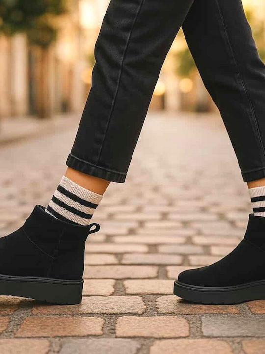 Suede Women's Ankle Boots with Fur Black