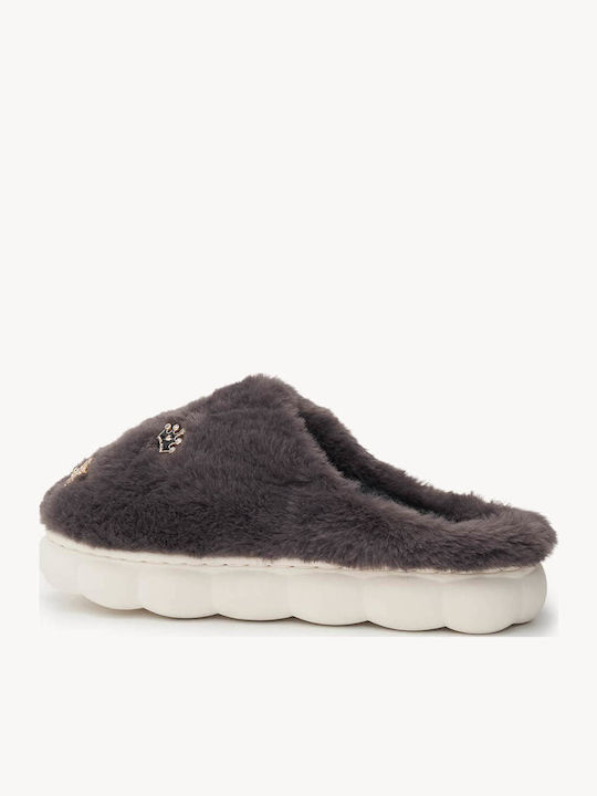 Black Fur Slippers with Gold Decorative Elements