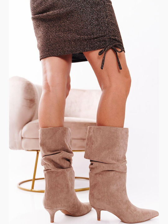 Μπεζ Μποτάκια Suede Kitten Heel Μυτερή Μύτη