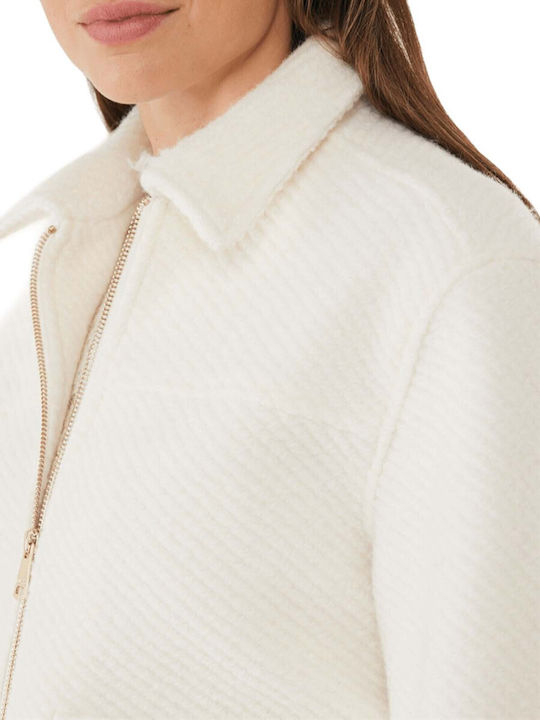 Wool Women's Ecru Coat with Zipper