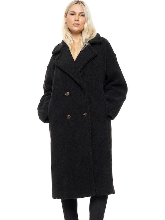 Damen Black Mantel Teddy mit Knöpfen