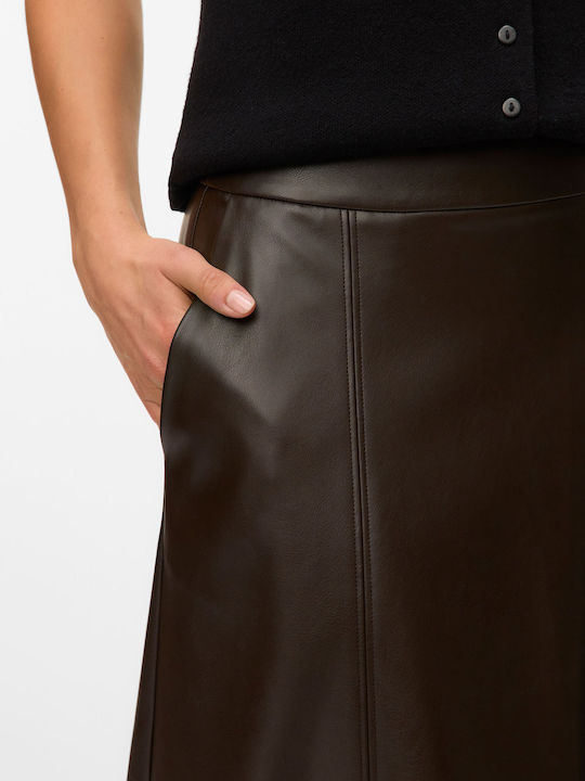 Leather High Waist Midi Skirt Brown